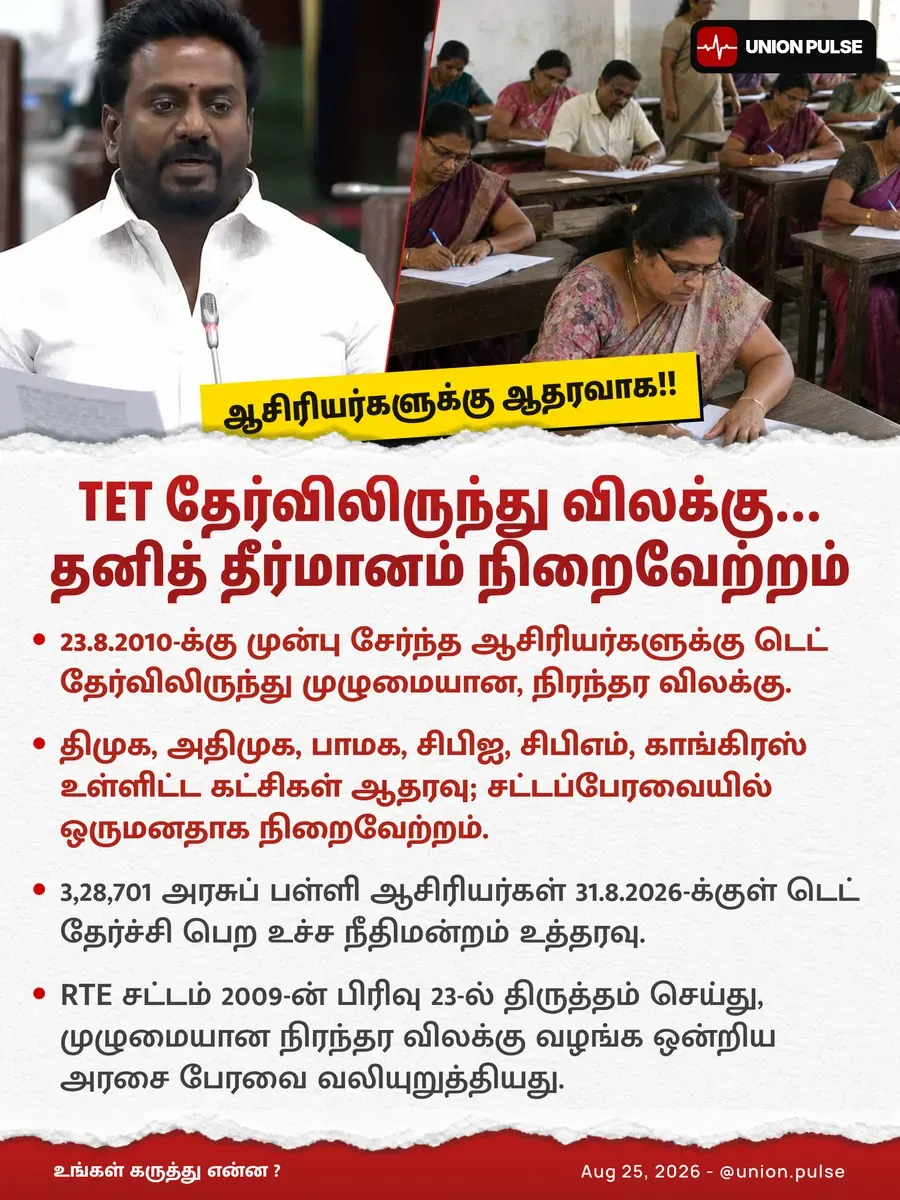 ஆசிரியர்களுக்கு ஆதரவாக!! TET தேர்விலிருந்து விலக்கு - தனித் தீர்மானம் நிறைவேற்றம்