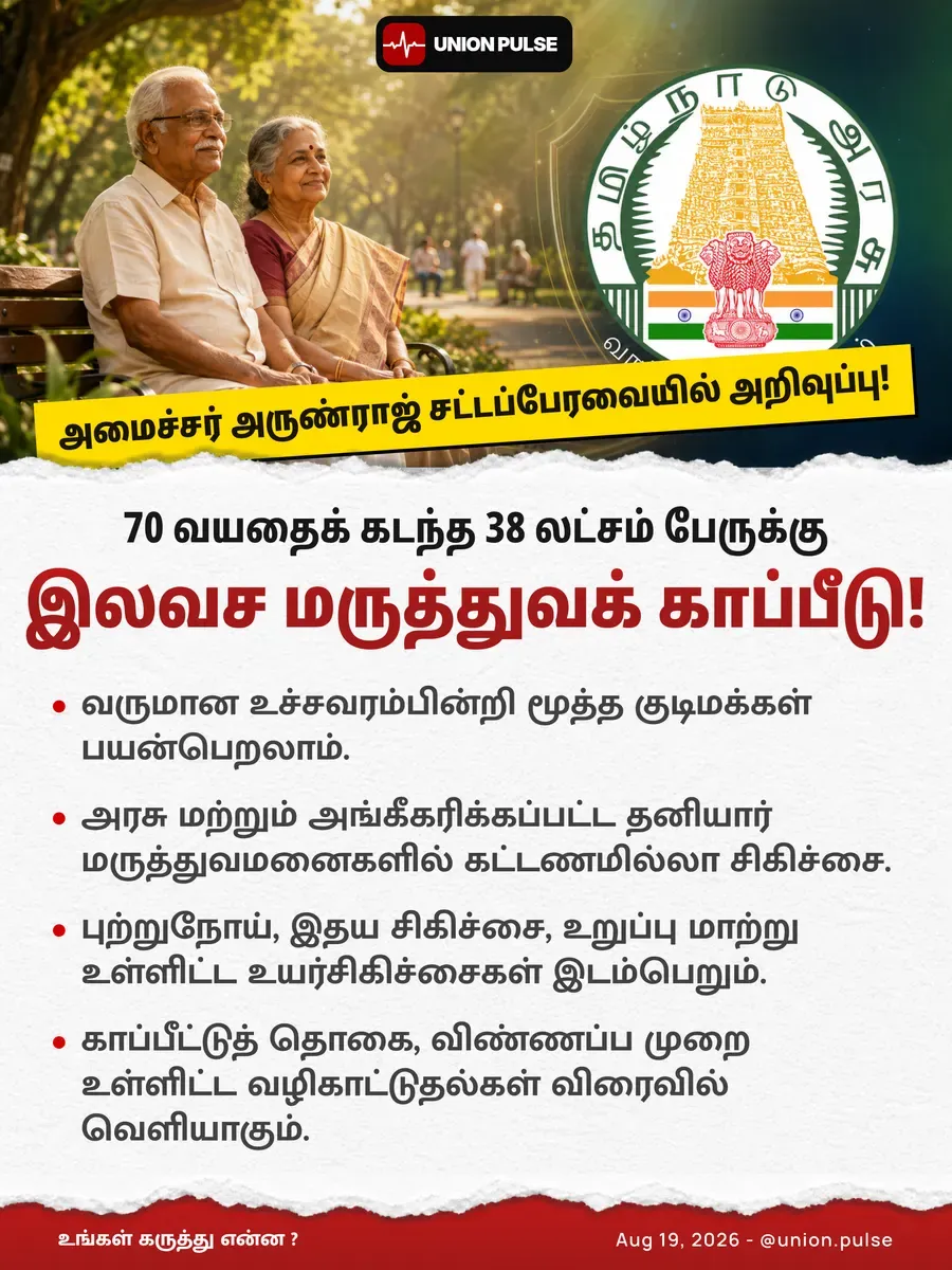 70 வயதைக் கடந்த 38 லட்சம் பேருக்கு இலவச மருத்துவக் காப்பீடு!