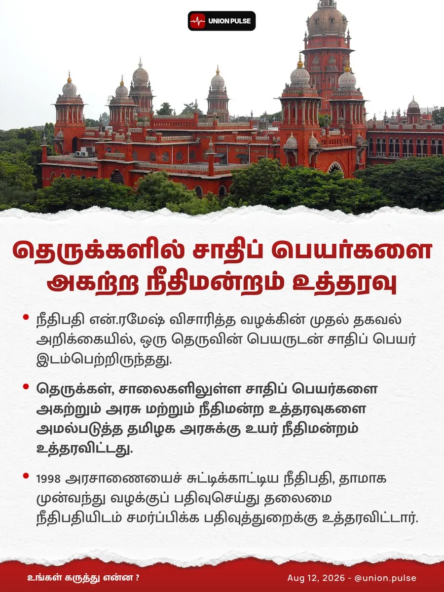தெருக்களில் சாதிப் பெயர்களை அகற்ற நீதிமன்றம் உத்தரவு