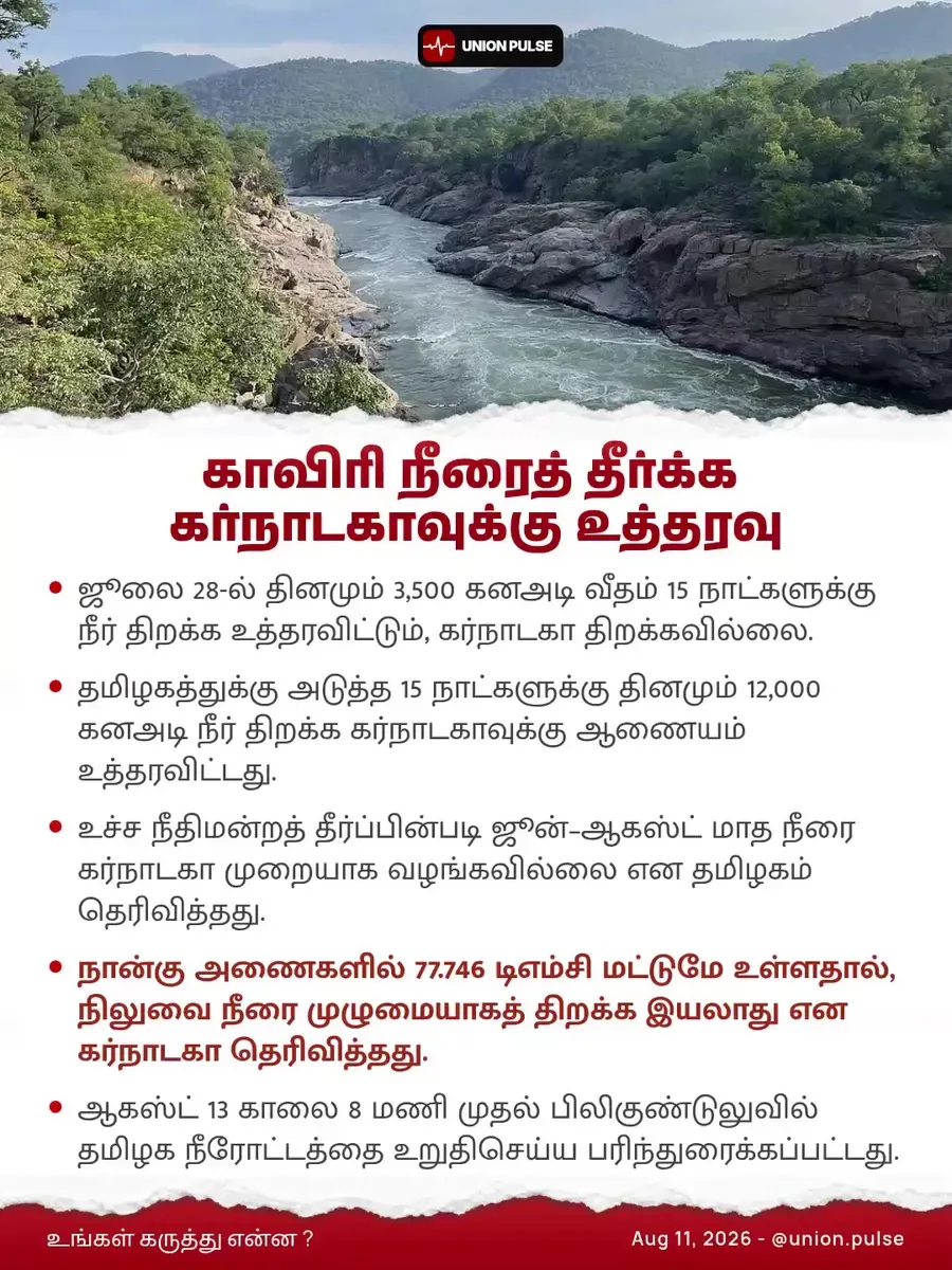 காவிரி நீரைத் திறக்க கர்நாடகாவுக்கு உத்தரவு