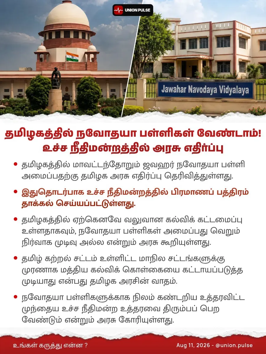 தமிழகத்தில் நவோதயா பள்ளிகள் வேண்டாம்! உச்ச நீதிமன்றத்தில் அரசு எதிர்ப்பு